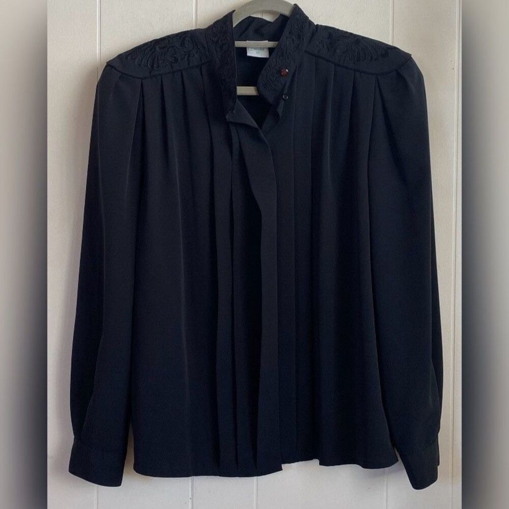 Canda Blouse Womens 42 Large Black Embroidered High Neck Pleated Long Sleeve Top
